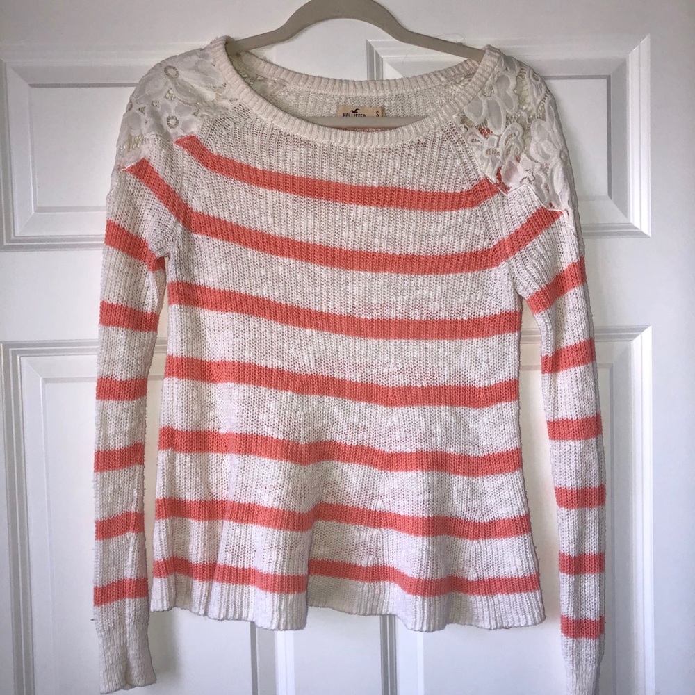 White and coral flair bottom sweater